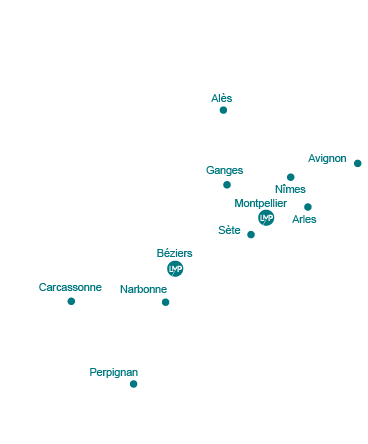 Carte Occitanie, Carcassonne, Perpignan, Narbonne, Béziers, Sète, Montpellier, Nîmes, Arles, Avignon, Ganges, Alès.